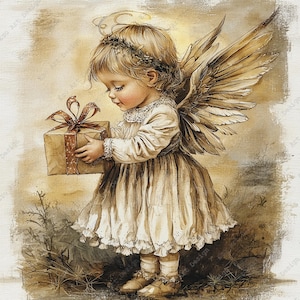 May include: A sepia-toned illustration of a young angel with feathered wings, wearing a ruffled dress and a floral crown. The angel holds a square gift box tied with a patterned ribbon. The artwork features a soft, textured, painterly aesthetic.