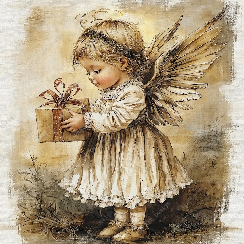 May include: A sepia-toned illustration of a young angel with feathered wings, wearing a ruffled dress and a floral crown. The angel holds a square gift box tied with a patterned ribbon. The artwork features a soft, textured, painterly aesthetic.