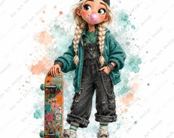 Skater Girl Clipart, Streetwear Kid Printable, Watercolor Cartoon Art (Digital Download)