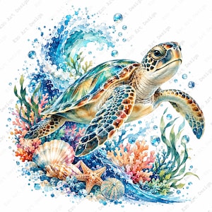 May include: A watercolor illustration of a sea turtle swimming through blue ocean water with bubbles, surrounded by colorful coral reefs, green seaweed, a striped seashell, a tan starfish, and a round sea urchin on a white background.