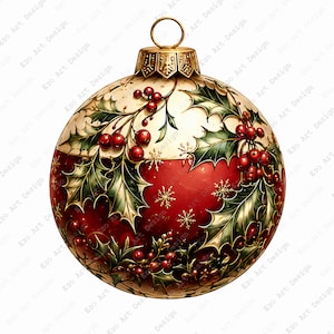 May include: A decorative Christmas ornament with a gold cap and loop. The ornament is round, with a cream-colored top section featuring green holly leaves and red berries. The bottom section is red with gold snowflakes.