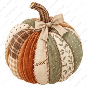 Puede incluir: Una calabaza decorativa de tela con paneles verticales de diversas texturas y patrones, incluyendo cuadros marrones, vichy beige, terciopelo naranja liso y verde salvia con estampados de hojas, rematada con un tallo marrón y un lazo de tela beige.