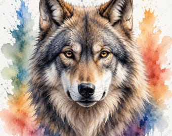 Wolf Portrait Clipart, Watercolor Wildlife Design, Colorful Forest Animal (Digital Download)