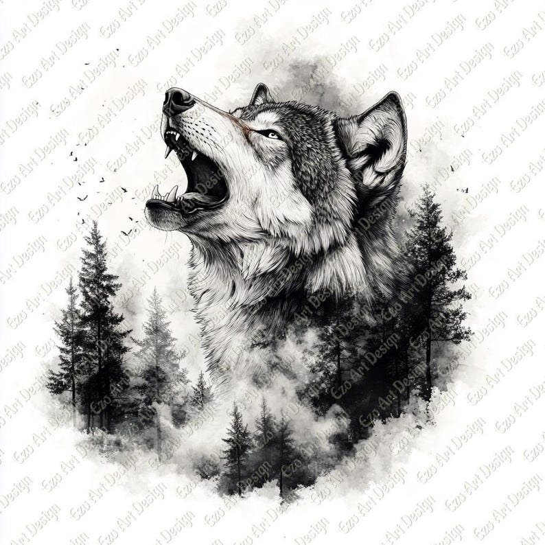 Howling Wolf Clipart, Forest Scene, Wolf Tattoo Art (digital Download ...