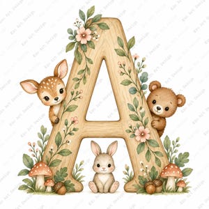 May include: A wooden letter A decorated with green leaves and pink flowers, featuring a fawn on the left, a bear on the right, and a rabbit sitting at the base. The scene includes small red-capped mushrooms and brown acorns on the ground.
