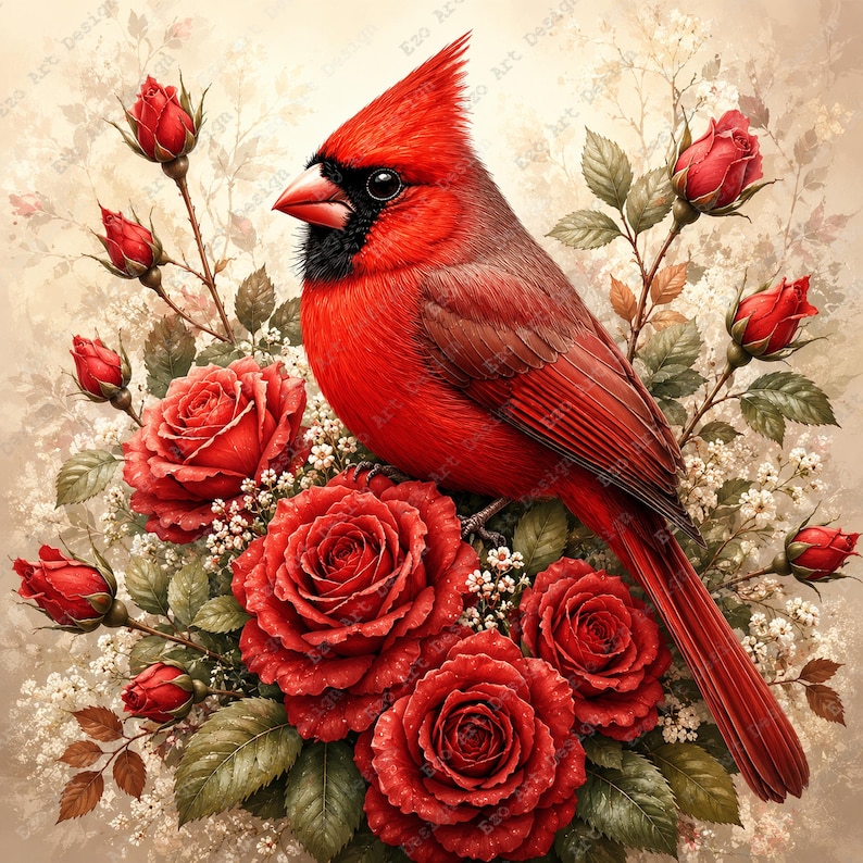 Cardinal Bird Clipart, Red Rose Floral Nature Design, Vintage Botanical ...