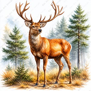 May include: A watercolour illustration of a stag with impressive antlers in a woodland scene. The deer has reddish-brown fur, set against a backdrop of evergreen trees and long grass. The artwork uses soft, muted colours.
