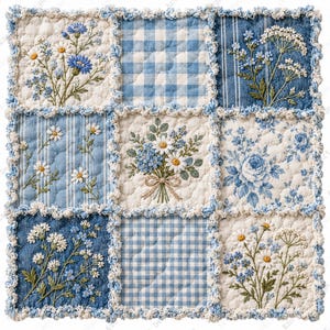 Puede incluir: Una colcha de retazos cuadrada con bordes deshilachados compuesta por nueve bloques. El diseño incluye bordados florales en azul y blanco, cuadros vichy azules, rayas azules y blancas, y patrones de rosas azules sobre una base acolchada.