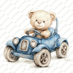 Può includere: Illustrazione ad acquerello di un orsacchiotto che guida un'auto d'epoca blu. L'orso è marrone chiaro e sorridente, tiene il volante. L'auto è blu con ruote grandi e fari.