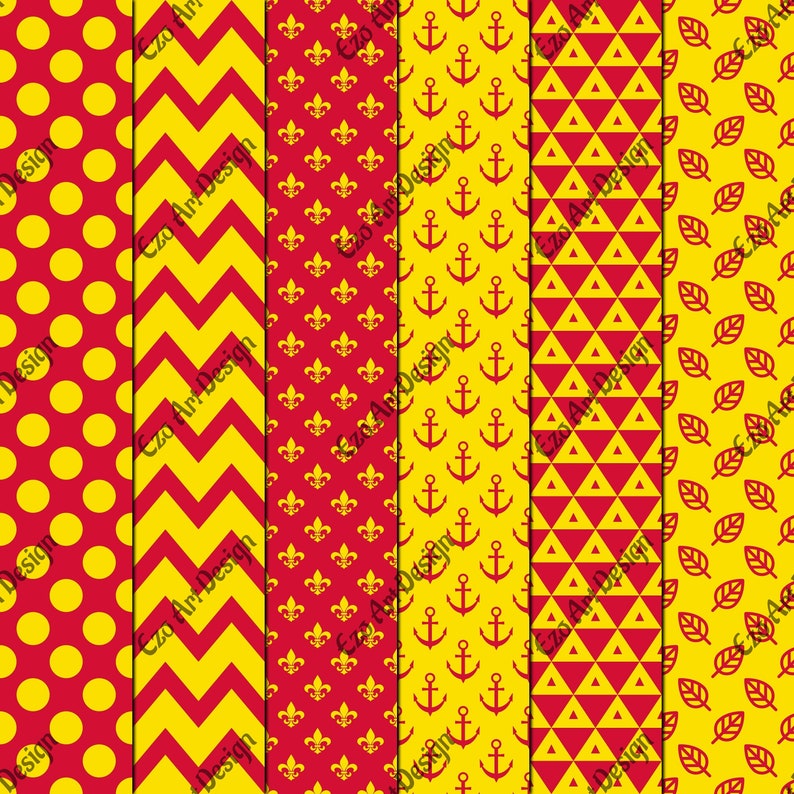 Yellow Red Pattern Digital Paper Pack, Seamless Scrapbook Papers ...