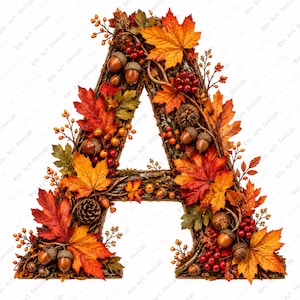 May include: A decorative letter A constructed from brown twigs and branches, adorned with an assortment of artificial autumn foliage including orange, red, and yellow maple leaves, small brown acorns, pinecones, and clusters of small red berries.