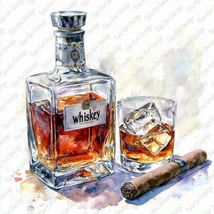 Whiskey Glass Clipart, Bourbon Watercolor Art, Cigar Cocktail Digital Print