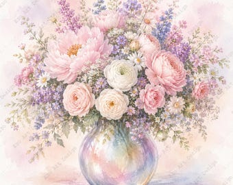Illustrazione digitale di un vaso di fiori, rosa ad acquerello stampabile, bouquet dai colori pastello (download digitale)