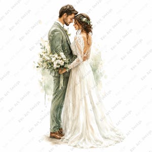 May include: A watercolor illustration of a couple standing together. The person on the left wears a sage green suit and holds a bouquet of white flowers. The person on the right wears a long-sleeved white lace wedding dress with an open back.