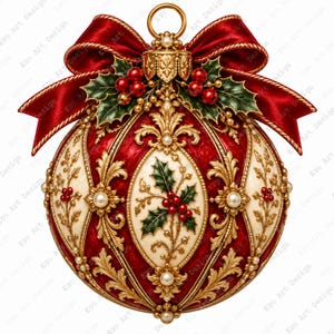May include: A spherical Christmas ornament featuring a deep red and cream color palette with intricate gold filigree detailing. The ornament is topped with a large red satin bow, green holly leaves, and red berries, finished with a gold hanging loop.