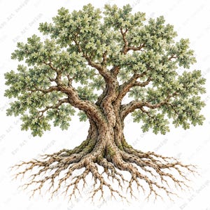 Peut inclure: Une illustration détaillée d'un grand chêne mature avec un tronc brun épais, texturé et noueux, ainsi que des racines étendues. L'arbre présente une canopée dense de petites feuilles vertes lobées et des branches complexes.