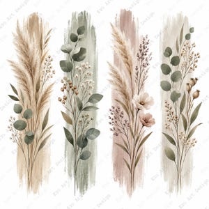 May include: Four vertical botanical arrangements featuring pampas grass, eucalyptus leaves, dried flowers, and seed pods. Each bouquet is layered over a distinct, textured brushstroke background in muted shades of beige, sage green, and dusty rose.