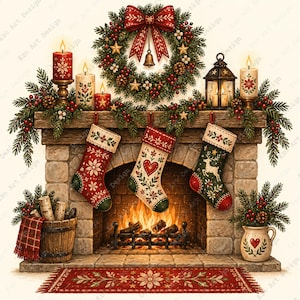 Julklappsklipart, utskrivbar spiselkrans, mysig julkonst (digital nedladdning)