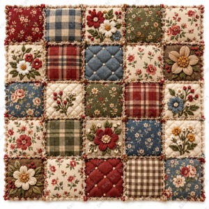 Country Rag Quilt Clipart, Frayed Patchwork Square, Rustic Plaid Calico (Digital Download)