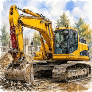 Könnte beinhalten: Aquarellillustration eines gelben Baggers auf einer Baustelle. Der Bagger hat eine große Schaufel und Ketten, mit einem roten und gelben Arm. Der Hintergrund zeigt ein Gebäude im Bau, Bäume und einen blauen Himmel mit Wolken.