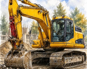 May include: Watercolor illustration of a yellow excavator at a construction site. The excavator has a large bucket and tracks, with a red and yellow arm. The background shows a building under construction, trees, and a blue sky with clouds.