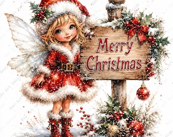 Christmas Fairy Clipart, Holiday Sign Art, Vintage Xmas Decor (Digital Download)