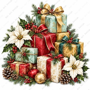 May include: A collection of stacked gift boxes wrapped in red, gold, and light blue paper with ribbons, decorated with white poinsettia flowers, green pine branches, red holly berries, and gold and red ornaments, accented with brown pinecones.