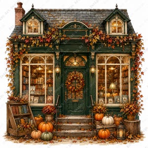 Pode incluir: Uma fachada de livraria verde-escura com telhado de telhas, duas grandes vitrines cheias de livros e uma porta central com uma guirlanda. O exterior é decorado com folhas de outono, abóboras e lanternas sobre degraus de pedra.