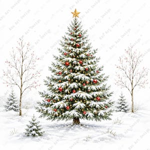 May include: A snow-covered Christmas tree decorated with glowing yellow lights and red ornaments, topped with a gold star. The tree stands in a snowy landscape with smaller evergreen trees and two bare trees with red berries on either side.