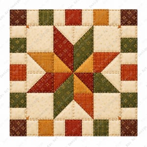 Autumn Quilt Clipart, Country Patchwork Square, Rustic Stitched Fabric (Digital Download)