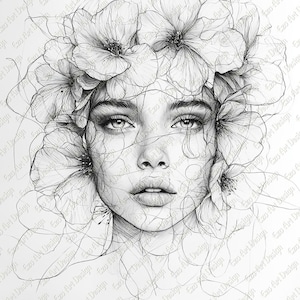 Op de afbeelding: Een zwart-witte lijntekening van een vrouwen gezicht met een bloemenkrans. De ogen van de vrouw zijn gesloten en haar lippen zijn lichtjes geopend. De bloemen zijn delicaat en ingewikkeld, met veel bloemblaadjes en bladeren.