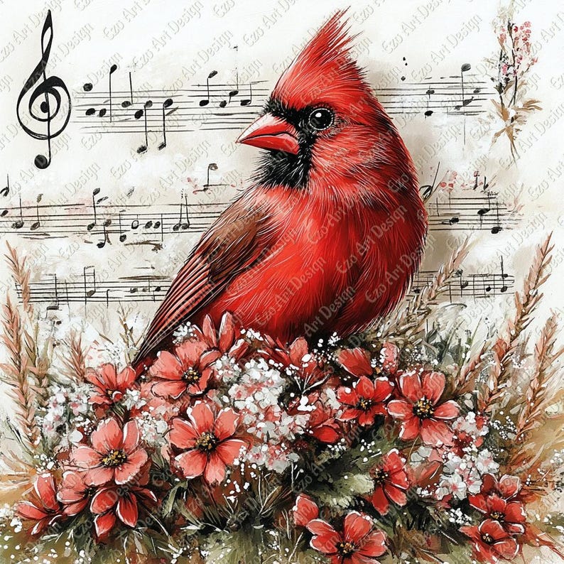 Floral Cardinal Clipart, Red Songbird JPG, Junk Journal Kit (digital ...