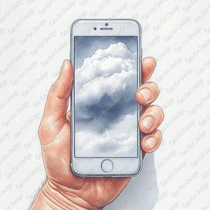 Op de afbeelding: Een hand die een witte smartphone vasthoudt met een wolkenlandschap op het scherm. De telefoon heeft een ronde homeknop en een camera aan de bovenkant. De afbeelding is een digitale illustratie met een zachte, artistieke stijl.