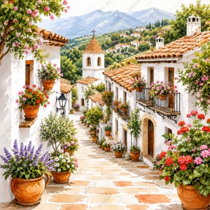 Puede incluir: Pintura a la acuarela de una calle de un pueblo europeo. Edificios blancos con tejados de tejas rojas bordean la calle adoquinada. Macetas de terracota con flores adornan los balcones y ventanas. Se ven montañas al fondo.
