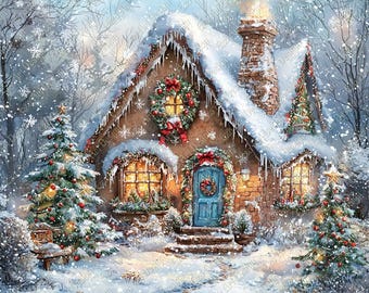 Christmas Cookie Cottage Clipart, Gingerbread House Village, Snowy Winter House PNG