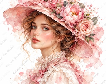 Imágenes prediseñadas de dama vintage, sombrero victoriano floral, retrato de mujer elegante (descarga digital)