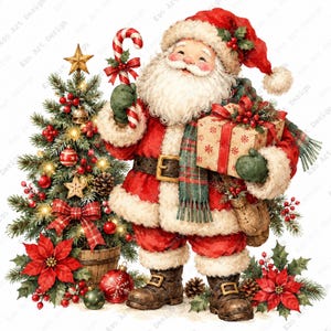 Puede incluir: Una figura de Santa Claus con traje rojo y ribetes de piel blanca, cinturón negro y botas marrones. Santa sostiene un bastón de caramelo rojo y blanco y una caja de regalo envuelta en papel beige con un lazo rojo junto a un árbol.