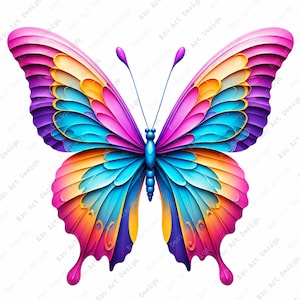Può includere: Un'illustrazione simmetrica di farfalla con segmenti alari curvi e stratificati in un vibrante gradiente di rosa, viola, arancione e blu brillante. Il corpo centrale è blu intenso con dettagli segmentati e due sottili antenne.