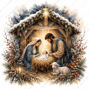 May include: A watercolor illustration of a nativity scene featuring a person in a blue head covering and a person in a tan tunic kneeling beside a baby in a manger. A small white lamb rests nearby, framed by pine branches, red berries, and a lantern.