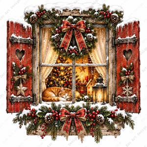 May include: A rustic window with red shutters, snow-covered pine branches, and red berries. A wreath with a plaid bow hangs above, while a sleeping orange tabby cat and a lit lantern sit on the sill. A decorated Christmas tree is visible inside.