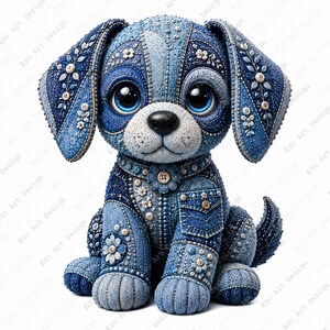 May include: A sitting puppy figurine crafted from various shades of blue denim fabric. The dog features large, glossy blue eyes, a black nose, and is decorated with white floral embroidery, small buttons, and a functional-looking denim pocket.