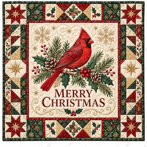 May include: A square quilted wall hanging featuring a red cardinal perched on a pine branch with holly berries and pinecones. The cream-coloured centre displays the text MERRY CHRISTMAS in red, surrounded by a border of red and green geometric stars.