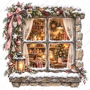 May include: A stone window frame decorated with snowy pine branches, red berries, a pink ribbon, and ornaments. Through the glass, a cosy kitchen scene features gingerbread cookies, a lit Christmas tree, and a lantern on the snowy sill.