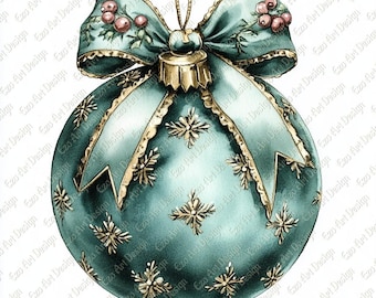 May include: A teal Christmas ornament with a decorative bow and gold accents. The ornament features gold snowflake designs and a gold trim. The bow has a floral design with red berries. A festive holiday decoration.