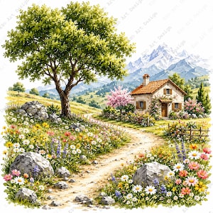 Peut inclure: Aquarelle d'un paysage pittoresque avec un chemin de terre menant à un cottage en pierre au toit de tuiles rouges. Le chemin est bordé de fleurs sauvages colorées, de gros rochers et d'un grand arbre. Des montagnes sont visibles en arrière-plan.