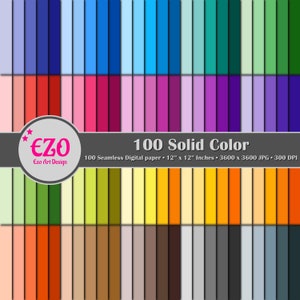 May include: A digital paper pack with 100 solid color swatches. Each swatch is a 12x12 inch, 3600x3600 pixel, 300 DPI JPG image. The colors range from bright to muted, and include shades of blue, green, red, yellow, orange, purple, pink, brown, gray, and white.