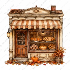 Puede incluir: Una ilustración de una fachada de panadería con un toldo de rayas marrones, una puerta de madera y un gran escaparate lleno de tartas y pasteles. Calabazas naranjas y hojas de otoño esparcidas yacen en la base del edificio.
