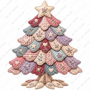 May include: A decorative Christmas tree ornament constructed from quilted fabric patches in shades of pink, red, blue, and purple. The tree features scalloped edges, embroidered floral motifs, small fabric hearts, and stars, topped with a large star.