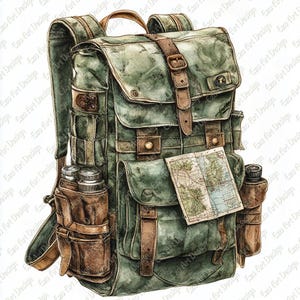 May include: Watercolor illustration of a green and brown backpack with multiple pockets, straps, and buckles. The backpack features a map and two side pockets for water bottles. The design evokes a vintage, outdoorsy aesthetic.