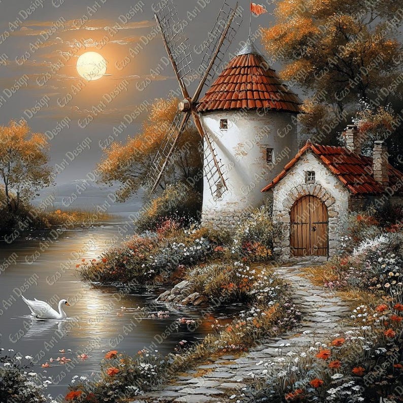 Windmill Clipart, Cottagecore Sunset Wall Art, Vintage Landscape ...